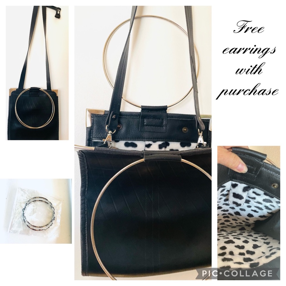 Retro Bangle purse. Ring handles Leather&Neoprene Cheetah fleece Black crossbody